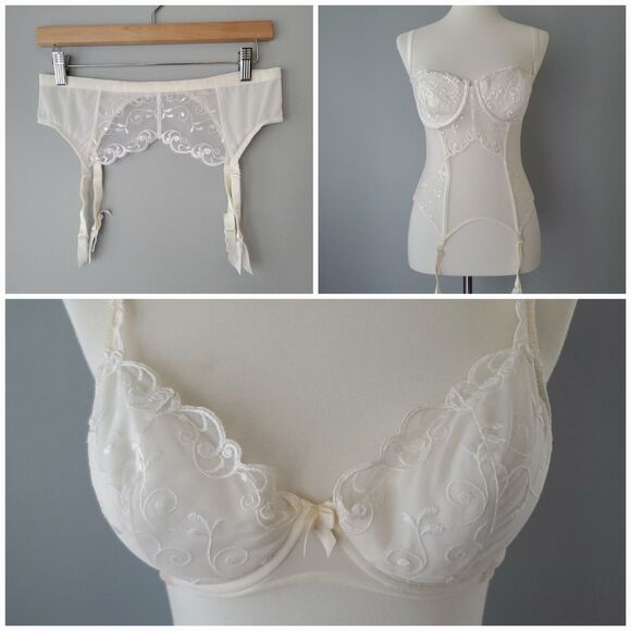 Victoria's Secret White 3 PC Vintage Bridal 34C Bra Corset Large Garter Belt Set - Picture 1 of 16